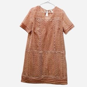 Sundance Women’s Lucille Lace Eyelet Short Sleeve Pintuck Pink Mini Dress sz L